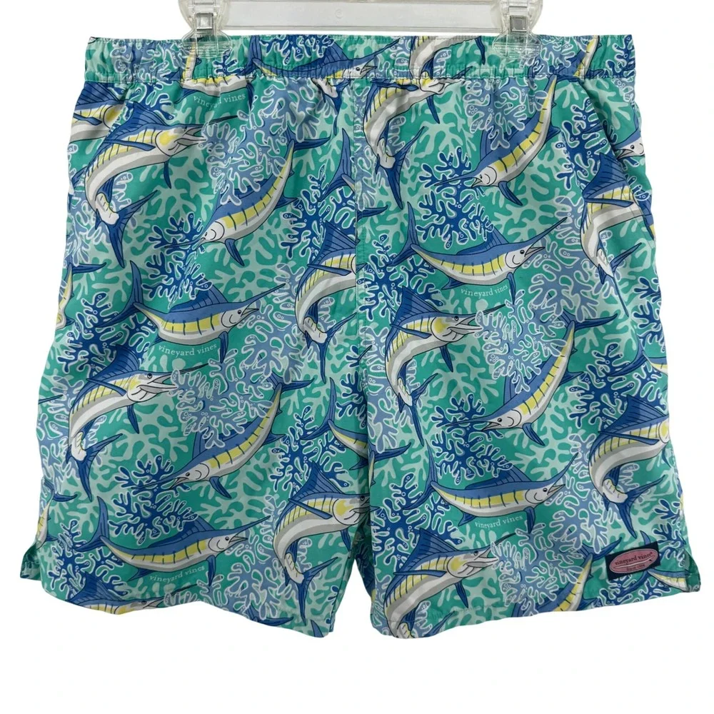 Vineyard Vines Mens XL Blue‎ Marlin Coral Print Swim Trunks Mesh Lined Shorts